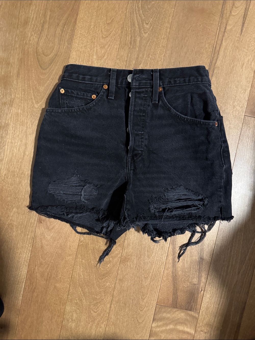 Re/Done Black High-Waist Distressed Denim Shorts